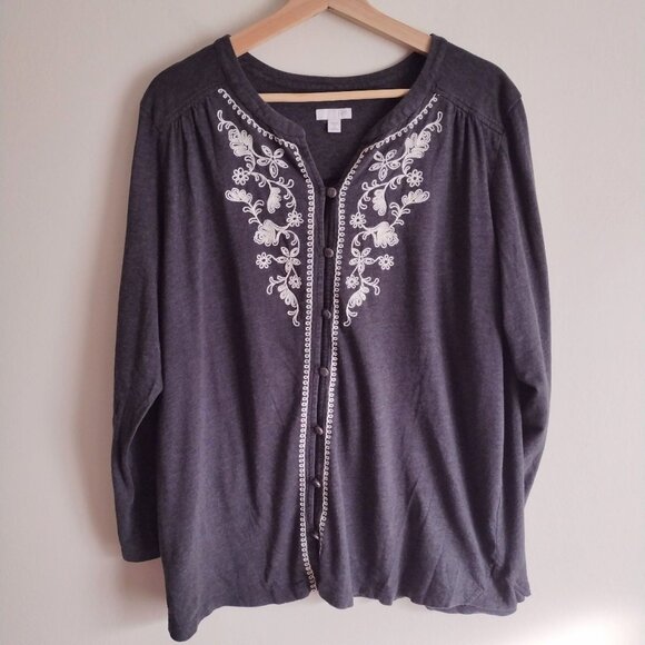 J Jill Gray Embroidered Top 2X Soft Cotton Blend Knit Relaxed Fit Blouse - Picture 1 of 9
